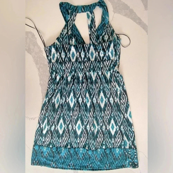 INC Women’s V-Neck Halter Mini Dress Studded Black, Blue, White Aztec Medium EUC - Picture 7 of 9